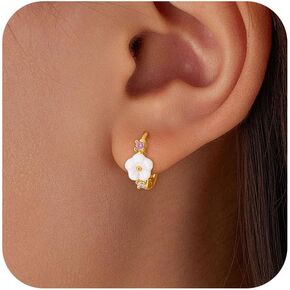 925 الفضة الاسترليني قذيفة بيضاء زهرة هوب أقراط للنساء 14K مطلية بالذهب أنيقة لذيذ الوردي الأبيض أقراط زركونيا إلى ابنة أمي لطيف زهرة Huggie هوب أقراط عيد الفصح المجوهرات هدية in Kuwait