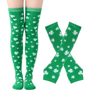 جوارب عالية الفخذين باللون الأخضر لعيد القديس باتريك وقفازات بدون أصابع جوارب شامروك الأيرلندية للنساء أزياء تنكرية in Kuwait