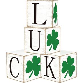 4 Pcs St. Patrick's Day Wooden Block Signs Double-Sided Shamrock Luck Tabletop Centerpiece Rustic Irish Clover Tiered Tray Decor for St. Patrick's Day Holiday Party Home Office Shelf Table Decoration in Kuwait
