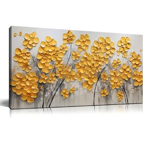 SKYRISE مجردة الذهب الأصفر الزهور / زهرة جدار ديكور فني لغرفة المعيشة، الحديثة قماش الفن الزخرفية صورة طباعة العمل الفني لمكتب غرفة النوم، حجم 40x20 بوصة in Kuwait
