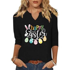 3/4 Sleeve V Neck Shirts for Women Cute Bunny Easter Eggs Graphic Shirts Spring Outdoor Comfort Tops Blouse in Kuwait