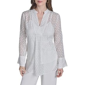 H Halston Womens Long Sleeve V-Neck Dotted Chiffon Top in Kuwait