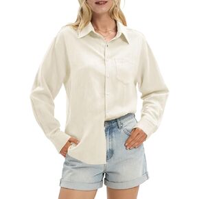 قمصان كتان نسائية كاجوال بأزرار سفلية من الكتان للنساء بأكمام طويلة وفضفاضة تناسب عطلة الصيف على الشاطئ in Kuwait