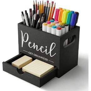 حامل أقلام للمكتب، منظم أقلام رصاص خشبي مع درج، حامل قلم تحديد مع مقصورتين، كوب أقلام رصاص للمنزل والمكتب والفصول الدراسية ومستلزمات المعلمين (أبيض) in Kuwait