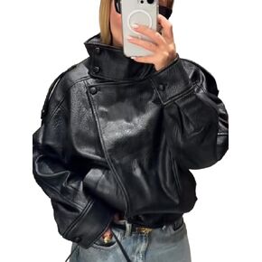 THLAI Black Jacket for Women Faux Leather Coat with Lychee Texture Stand-Up Collar & Long Sleeves Casual Outerwear in Kuwait