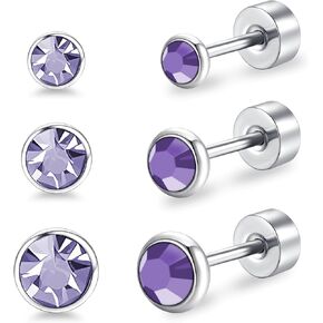 3 Pairs Ladies Flat Back Titanium Stud Earrings Crystal Decoration Anti-Allergy Transparent/Purple Available 3MM/4MM/5MM Safety Stud Set For Sensitive Ears in Kuwait