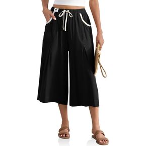 TARSE Linen Capri Pants for Women Drawstring Waist Loose Fit Casual Wide Leg Summer Beach Vacation Lounge Pants in Kuwait