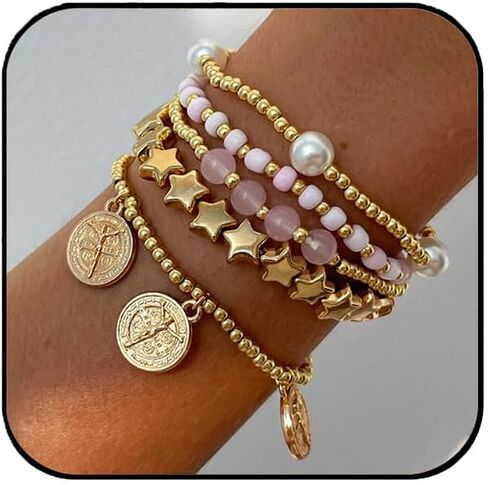 Aluinn أساور الذهب للنساء بوهو أساور مجموعة مجوهرات نجوم اللؤلؤ عملة سحر الرجعية قابل للتعديل الشاطئ تكويم الكفة الأساور للنساء in Kuwait