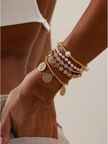 Aluinn أساور الذهب للنساء بوهو أساور مجموعة مجوهرات نجوم اللؤلؤ عملة سحر الرجعية قابل للتعديل الشاطئ تكويم الكفة الأساور للنساء in Kuwait