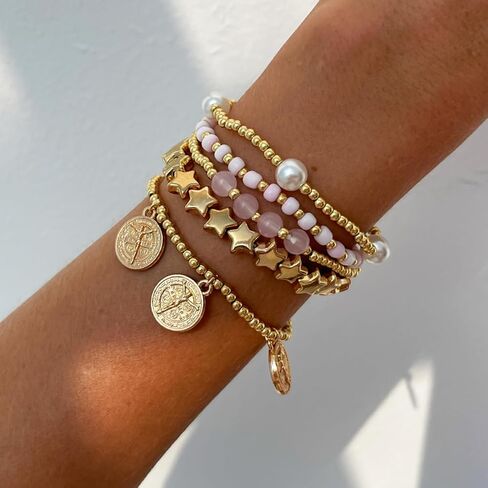 Aluinn أساور الذهب للنساء بوهو أساور مجموعة مجوهرات نجوم اللؤلؤ عملة سحر الرجعية قابل للتعديل الشاطئ تكويم الكفة الأساور للنساء in Kuwait