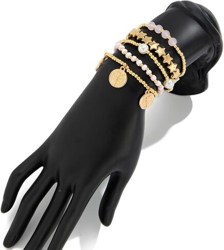 Aluinn أساور الذهب للنساء بوهو أساور مجموعة مجوهرات نجوم اللؤلؤ عملة سحر الرجعية قابل للتعديل الشاطئ تكويم الكفة الأساور للنساء in Kuwait