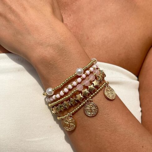 Aluinn أساور الذهب للنساء بوهو أساور مجموعة مجوهرات نجوم اللؤلؤ عملة سحر الرجعية قابل للتعديل الشاطئ تكويم الكفة الأساور للنساء in Kuwait