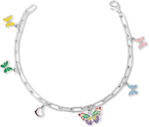 Dazzling 14k White Gold Butterfly Enamel Heart Charm Paperclip Chain Link Bracelet (Size 9.5) in Kuwait