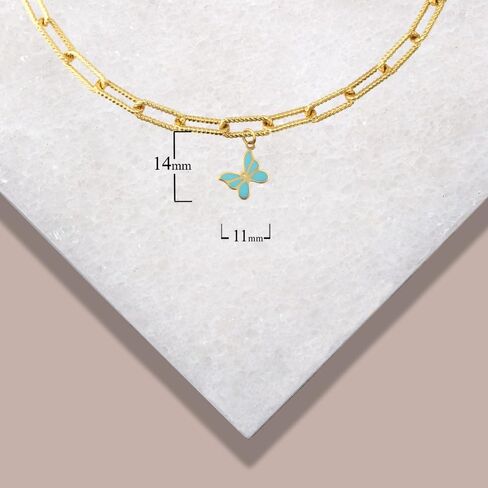 Dazzling 14k White Gold Butterfly Enamel Heart Charm Paperclip Chain Link Bracelet (Size 9.5) in Kuwait