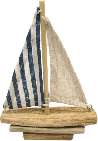 ديكور مركب شراعي خشبي ريفي صغير من The Bridge Collection - ديكور قارب صغير على سطح الطاولة مع شراع مخطط - تمثال سطح طاولة القارب للديكور البحري والساحلي in Saudi Arabia