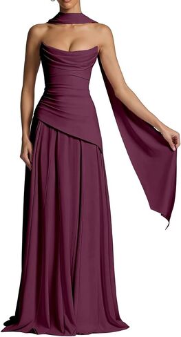 Strapless Bridesmaid Dresses with Scarf Long Chiffon Pleated Formal Prom Evening Gowns 2026 Maxi Dres in Kuwait