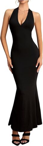 Women's Halter Deep V Neck Bodycon Dress Ruched Fishtail Backless Cocktail Maxi Dresses in Saudi Arabia