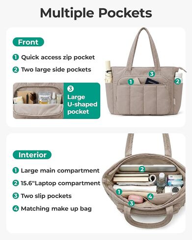 BAGSMART Tote Bag for Women, 2 Set Puffer Tote Bag with Zipper, Quilted Nurse Handbags for Work Travel College | 20L Capacity, 15.6'' Laptop Bag, with Cosmetic Bag, Carry on Bag, Nurse Gym Bag in Kuwait