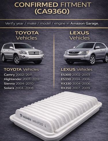 CA9360 Engine Air Filter, Fit for Toyota Camry 2002-2006, Camry Hybrid 2007-2011, Sienna 2004-2010, Highlander 2001-2007/2009-2013 - Replaces# 17801-0H010, 17801-0H020, 17801-20040 in Kuwait