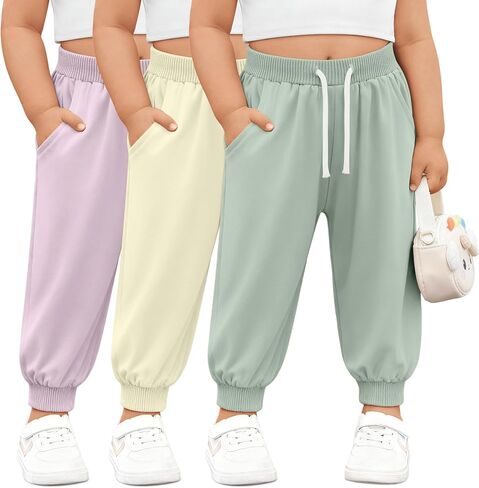 3 Pack Toddler Girls' Sweatpants Athletic Jogger Pants Kids Casual Pull On Pant with Drawstring Pockets 2-10 Years in Kuwait
