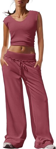 Yanekop Womens Matching Workout Sets 2 Piece Outfits Summer Two Piece Lounge Set Cropped Tank Tops and Wide Leg Pants in Kuwait