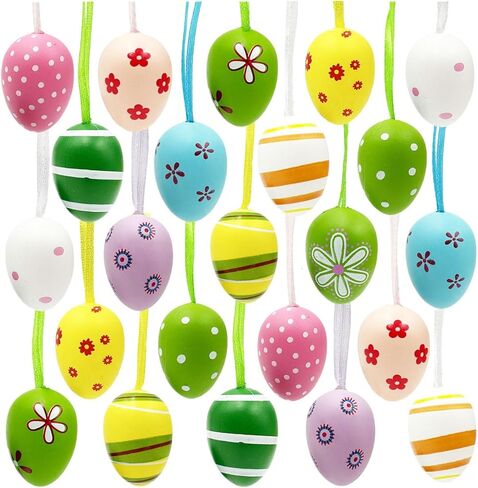 24Pcs Easter Hanging Eggs Ornaments Muticolored Plastic Egg Tree Decoration Hand Painted Egg Hanging Decoration for DIY Crafts Tree Basket Home Party,Spring Easter Holiday DIY Crafts Supplies in Kuwait