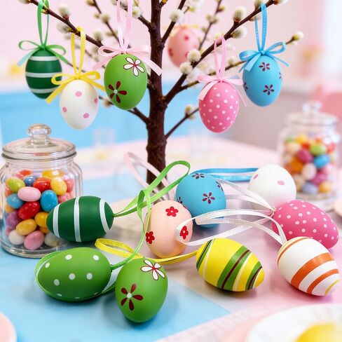 24Pcs Easter Hanging Eggs Ornaments Muticolored Plastic Egg Tree Decoration Hand Painted Egg Hanging Decoration for DIY Crafts Tree Basket Home Party,Spring Easter Holiday DIY Crafts Supplies in Kuwait
