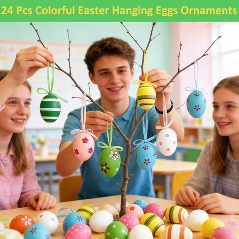 24Pcs Easter Hanging Eggs Ornaments Muticolored Plastic Egg Tree Decoration Hand Painted Egg Hanging Decoration for DIY Crafts Tree Basket Home Party,Spring Easter Holiday DIY Crafts Supplies in Kuwait