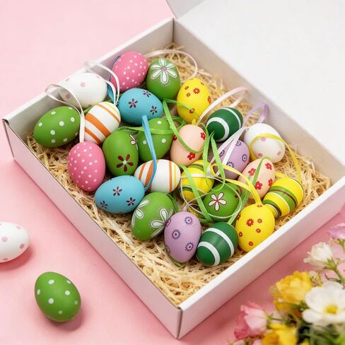 24Pcs Easter Hanging Eggs Ornaments Muticolored Plastic Egg Tree Decoration Hand Painted Egg Hanging Decoration for DIY Crafts Tree Basket Home Party,Spring Easter Holiday DIY Crafts Supplies in Kuwait