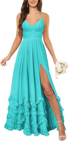 الأزهار كشكش السباغيتي الأشرطة الخامس الرقبة فساتين وصيفة الشرف للنساء طويل مشد رسمي مساء فستان ماكسي in Kuwait