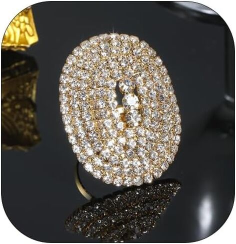 Sparkly Oval Rhinestone Ring For Women Adjustable Cocktail Statement Ring Pave Cubic Zirconia Ring Chunky Geometry Crystal Ring Jewelry in Kuwait