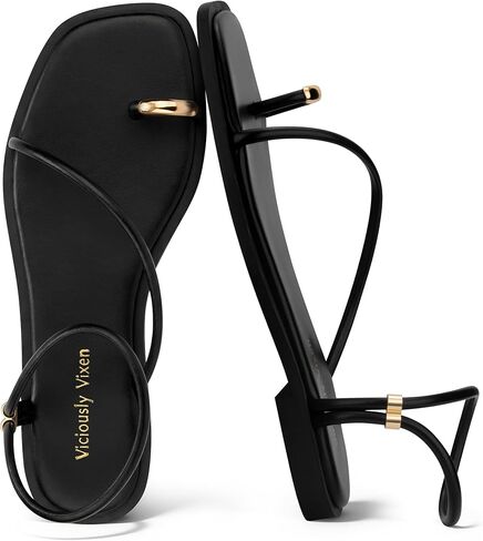 Womens Flats Loop Sandals Square Toe Strappy Ankle Strap Summer Flat in Saudi Arabia