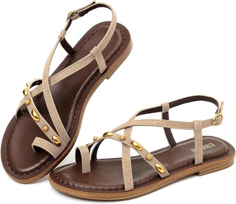 UBFEN Womens Gladiator Sandals Strappy Flat Sandals with Toe Ring | Studded Deco, Comfortable Cushioned, Adjustable Ankle Buckle, Hidden Elastic Band for Dressy, Casual, Travel in Saudi Arabia