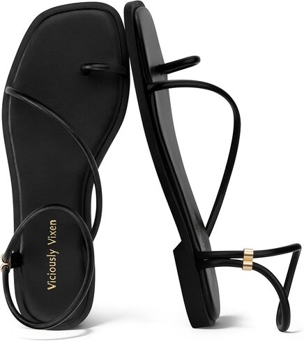Womens Flats Loop Sandals Square Toe Strappy Ankle Strap Summer Flat in Saudi Arabia
