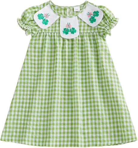 Toddler Girl St. Patrick's Day Outfit Shamrock Embroidery Plaid Print Short Sleeve Princess Dress Kids Irish Clothes in Kuwait
