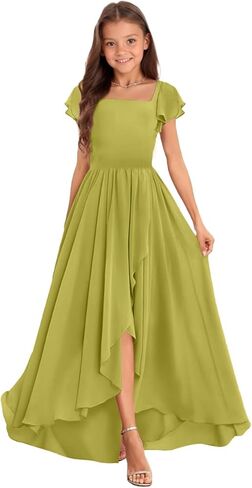 Junior Bridesmaid Dress, Girls' Special Occasion Dresses, Chiffon Wedding A Line Floor-Length Party Dresses in Kuwait