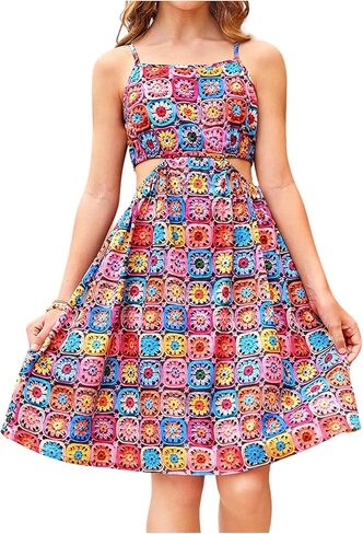 WDIRARA Girl's Flower Print Cut Out Crochet Cami Dress Summer High Waist Flare Hem Boho Slip Dresses in Saudi Arabia