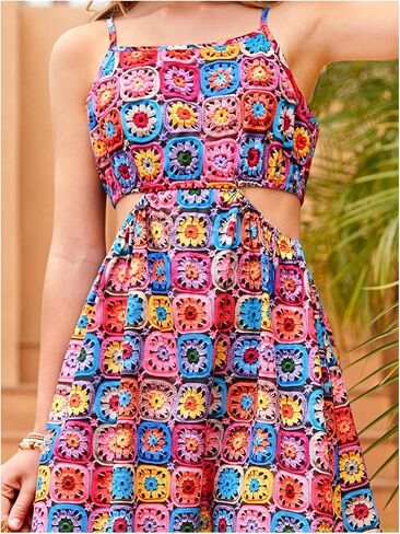 WDIRARA Girl's Flower Print Cut Out Crochet Cami Dress Summer High Waist Flare Hem Boho Slip Dresses in Saudi Arabia
