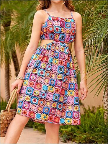WDIRARA Girl's Flower Print Cut Out Crochet Cami Dress Summer High Waist Flare Hem Boho Slip Dresses in Saudi Arabia