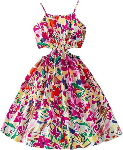 WDIRARA Girl's Flower Print Cut Out Crochet Cami Dress Summer High Waist Flare Hem Boho Slip Dresses in Saudi Arabia