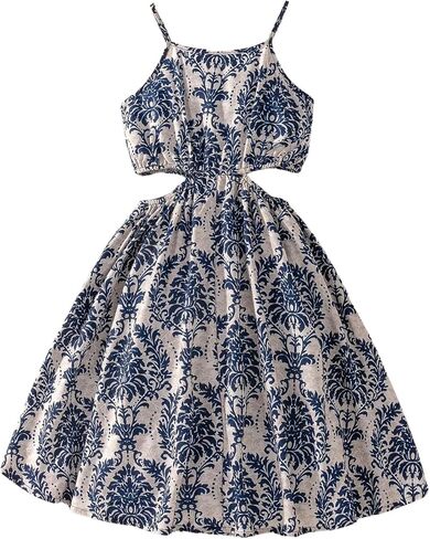 WDIRARA Girl's Flower Print Cut Out Crochet Cami Dress Summer High Waist Flare Hem Boho Slip Dresses in Saudi Arabia