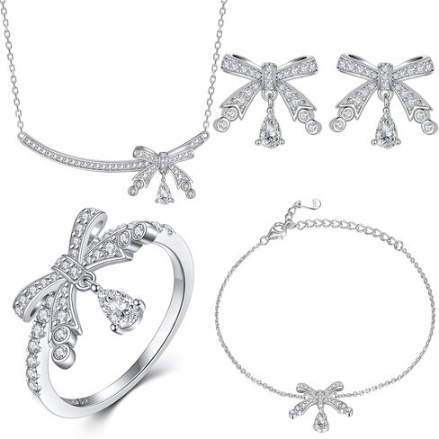 Gemlux 14K Gold Creative Bowknot Ring Stud Earrings Necklace Set, Women's Unique Four-Piece Jewelry Set, Fashionable Accessories for Stylish Occasions in Saudi Arabia