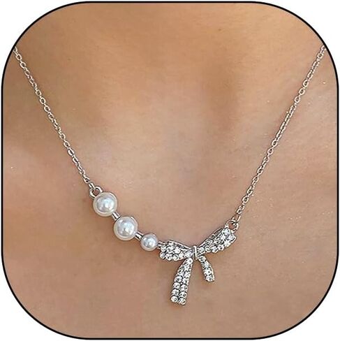 Dainty 14K Gold Bow Necklace Pearl Cubic Zirconia Bowknot Chain Necklace Adjustable Titanium Steel Statement Necklace Jewelry Presents for Women Wife in Saudi Arabia