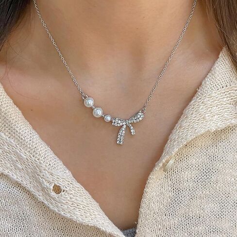Dainty 14K Gold Bow Necklace Pearl Cubic Zirconia Bowknot Chain Necklace Adjustable Titanium Steel Statement Necklace Jewelry Presents for Women Wife in Saudi Arabia
