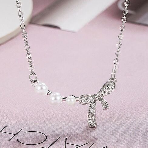 Dainty 14K Gold Bow Necklace Pearl Cubic Zirconia Bowknot Chain Necklace Adjustable Titanium Steel Statement Necklace Jewelry Presents for Women Wife in Saudi Arabia