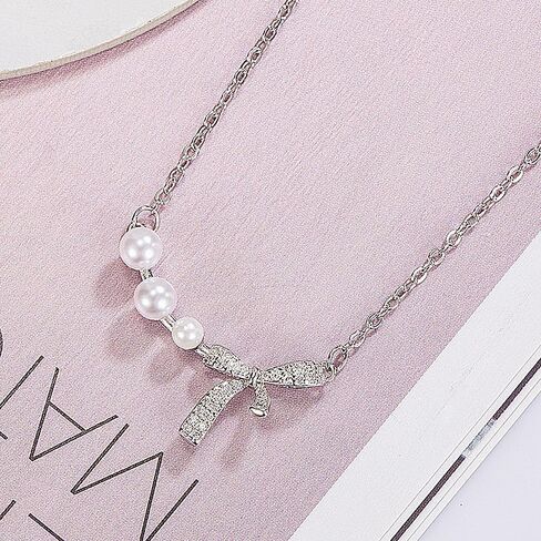 Dainty 14K Gold Bow Necklace Pearl Cubic Zirconia Bowknot Chain Necklace Adjustable Titanium Steel Statement Necklace Jewelry Presents for Women Wife in Saudi Arabia