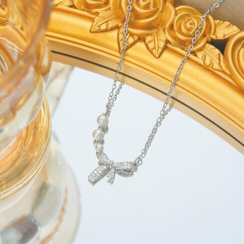 Dainty 14K Gold Bow Necklace Pearl Cubic Zirconia Bowknot Chain Necklace Adjustable Titanium Steel Statement Necklace Jewelry Presents for Women Wife in Saudi Arabia