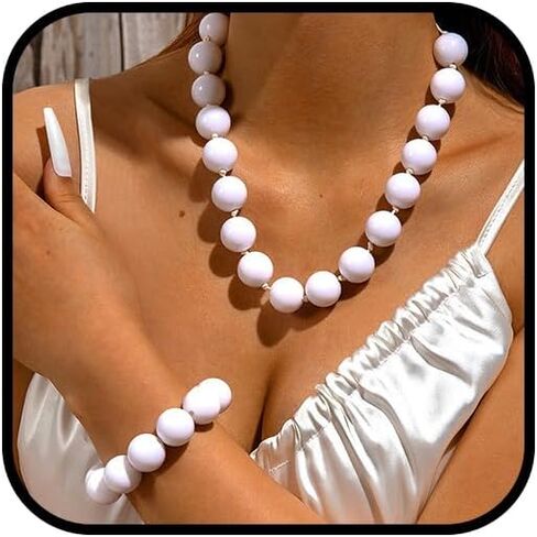 Black Bead Necklace and Bracelets Set for Women Chunky White Beaded Statement Necklaces Big Ball Choker Collar Large Beads Bold Jewelry Accessories in Saudi Arabia