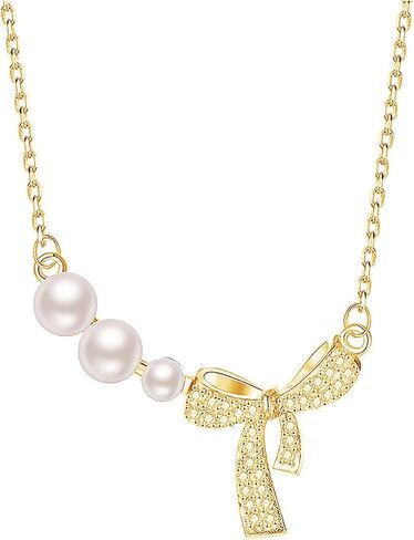 Dainty 14K Gold Bow Necklace Pearl Cubic Zirconia Bowknot Chain Necklace Adjustable Titanium Steel Statement Necklace Jewelry Presents for Women Wife in Saudi Arabia