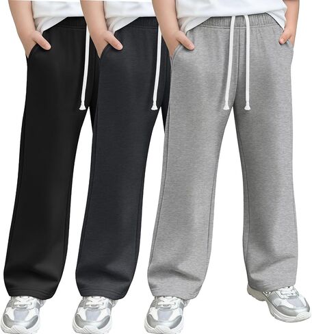 3 Pack Boys Sweatpants 6-16 Years Baggy Wide Leg Open Bottom Drawstring Elastic Waist Athletic Joggers Pants Pockets in Kuwait